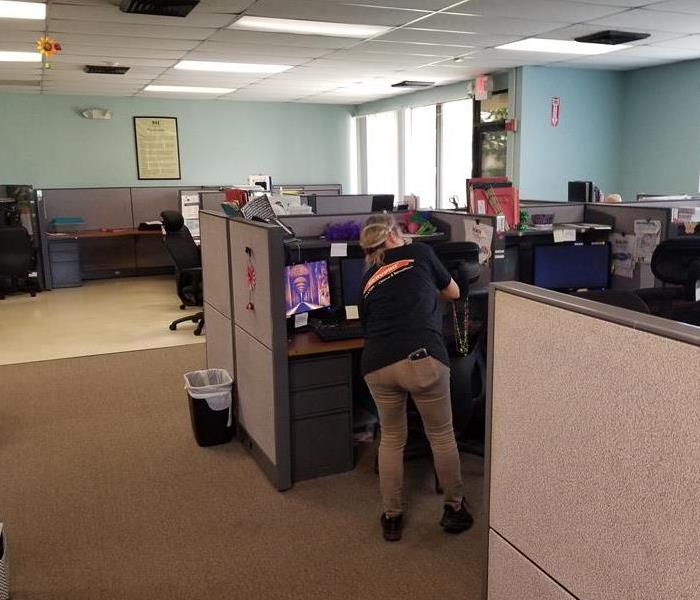 A female employee cleaning an office. 
